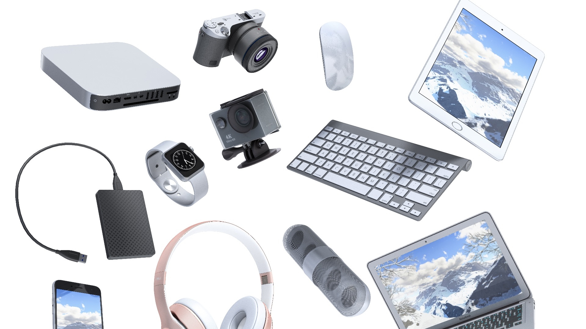 consumer electronics flying in the air