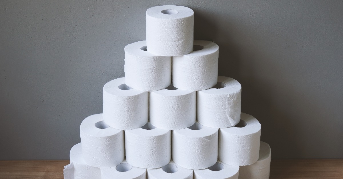 stacked and hoarded toilet paper rolls