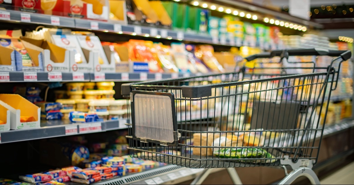 A shopping cart in a supermarket