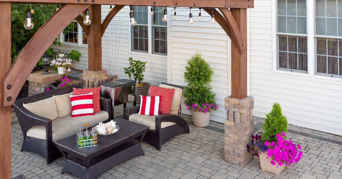 Comfortable chairs on an outdoor brick patio