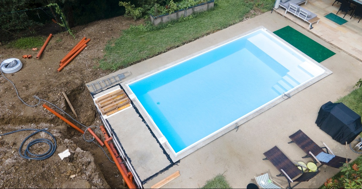 aerial drone flight of pool build construction site 