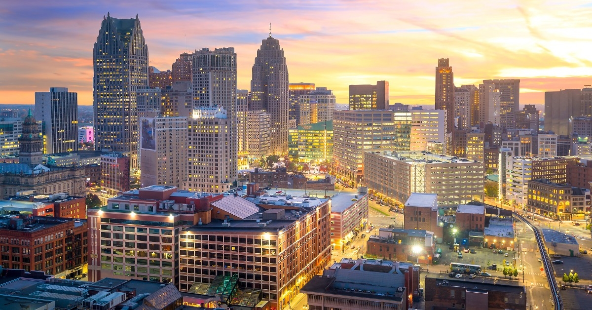 aerial view of downtown Detroit at twilight 