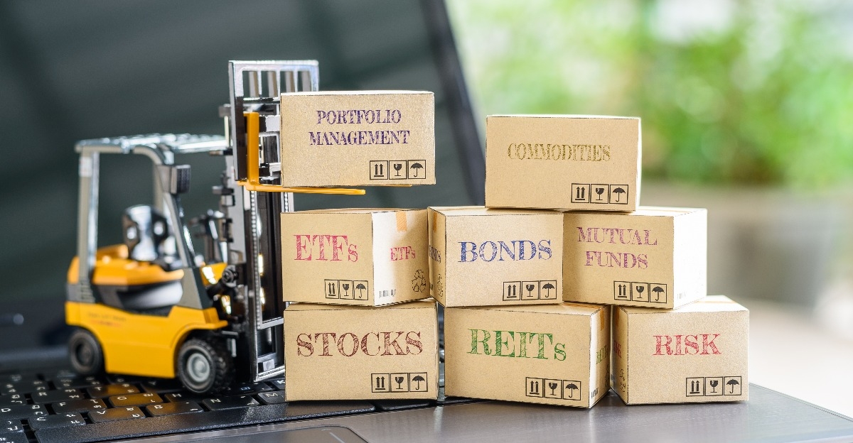 boxes of financial products on a laptop 