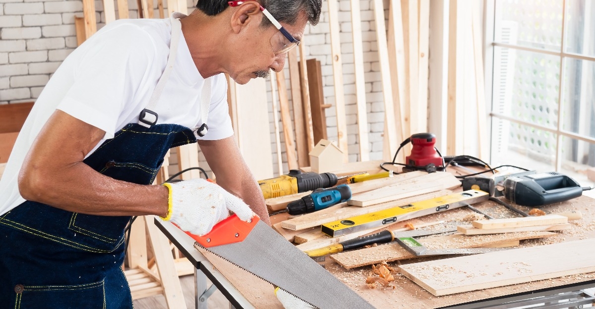carpenter working on woodcraft using a hand saw