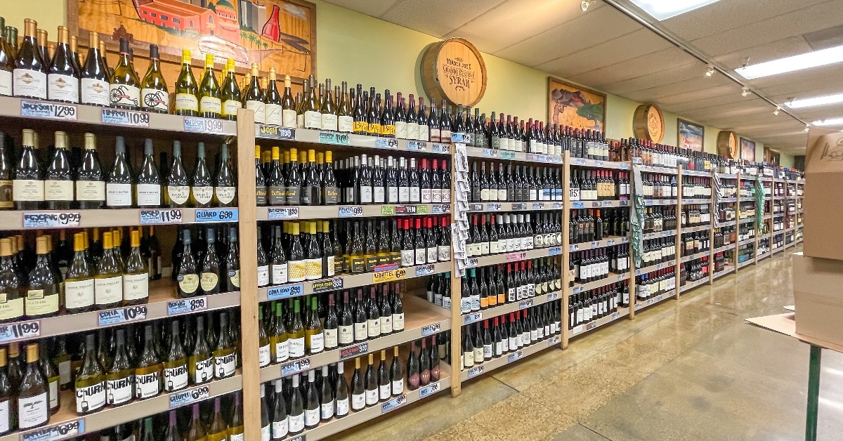 wine aisle at traders joe