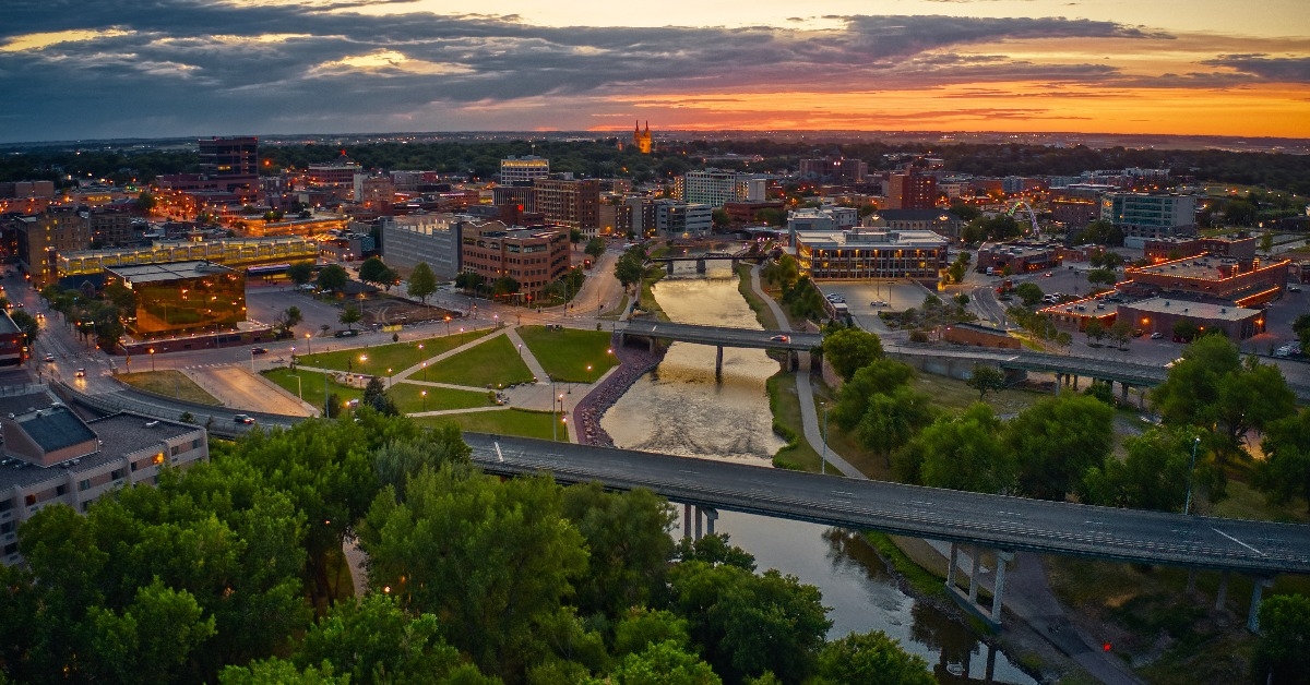 aerial view of Sioux Falls South Dakota at sunset