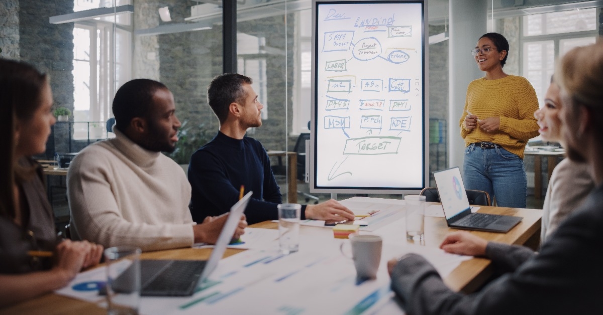 project manager makes a presentation for a team