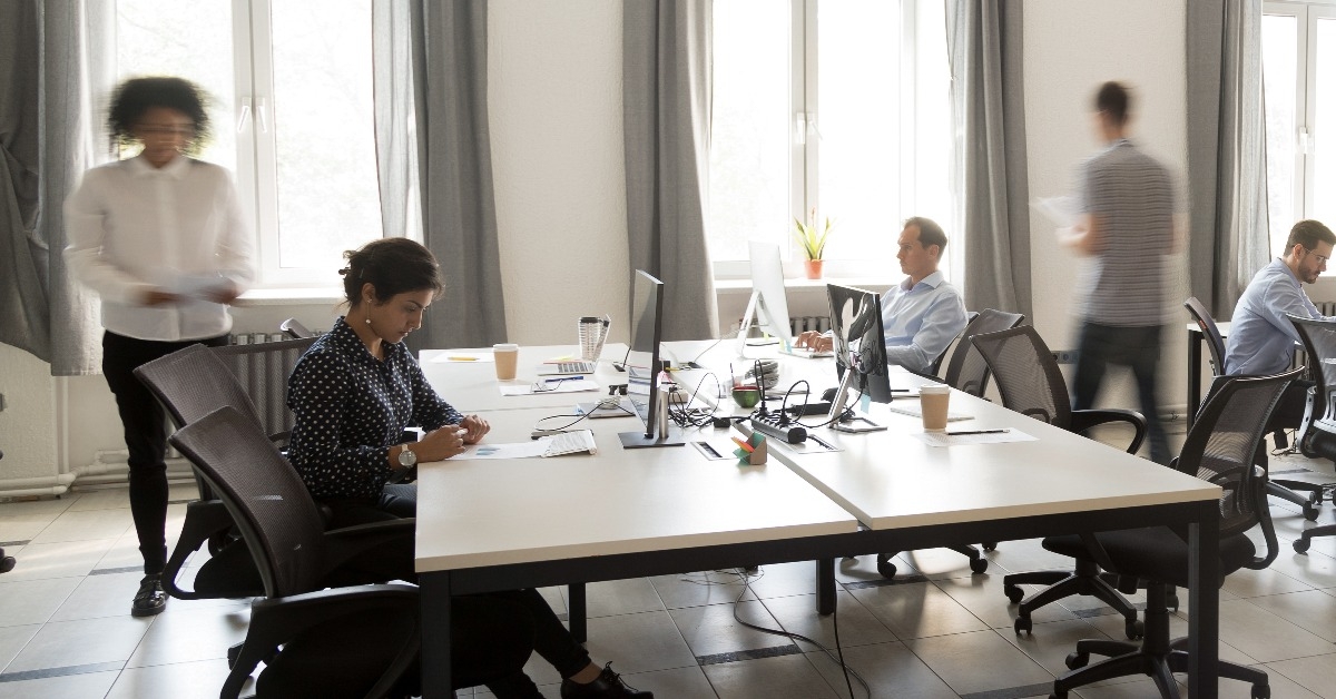 employees working in co-working open space