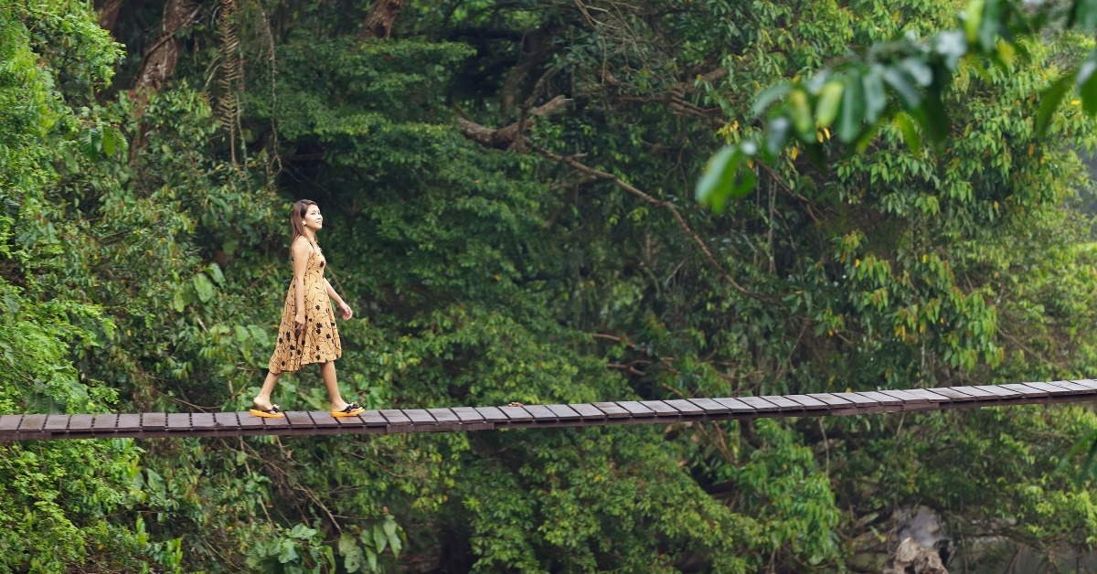 woman walking on jungle bridge