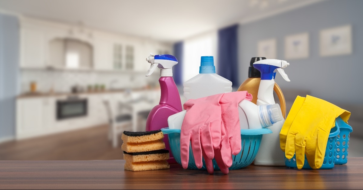 home cleaning service concept with supplies 