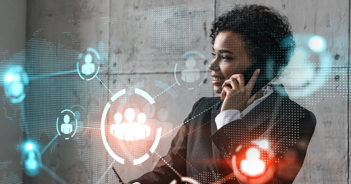 businesswoman speaks over the phone and social network hologram