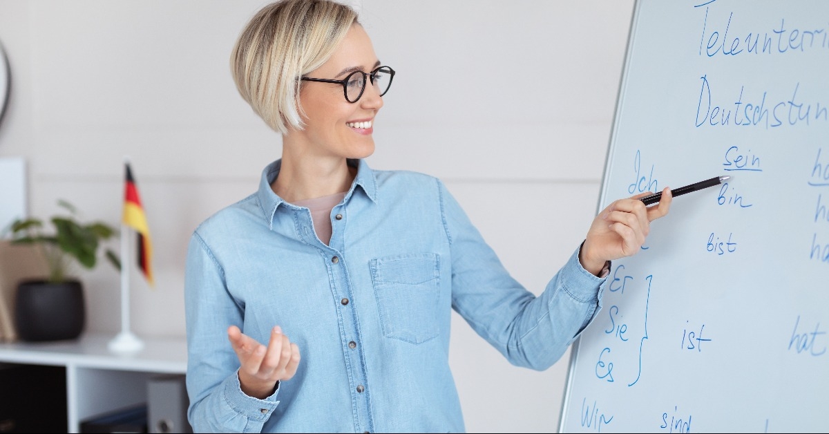 German teacher explaining foreign language rules 