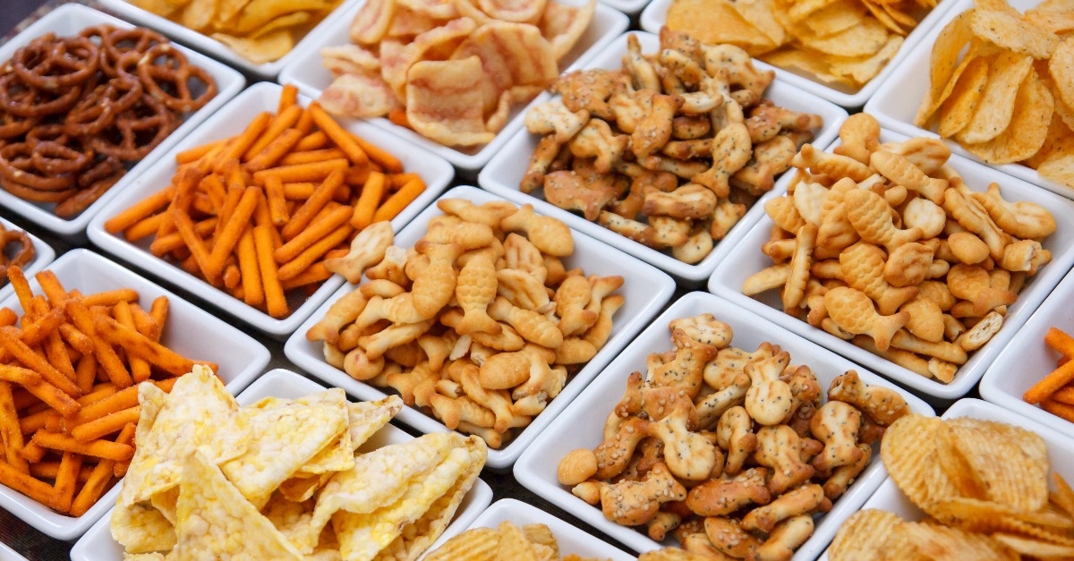 types of savoury snack in white dishes