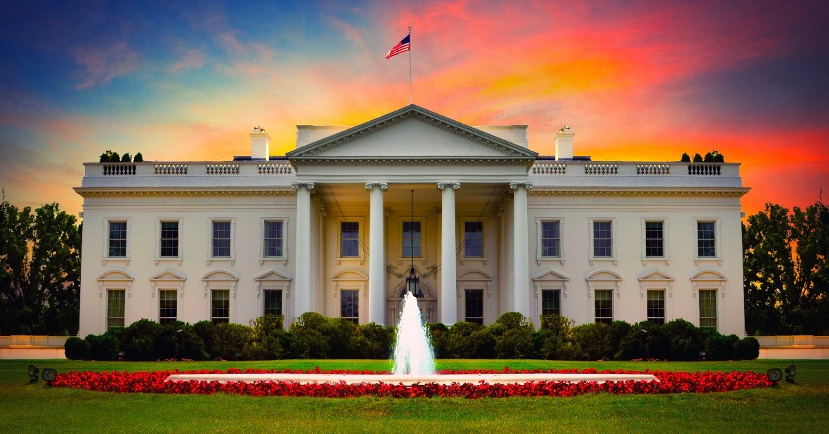 US White House front view at sunset
