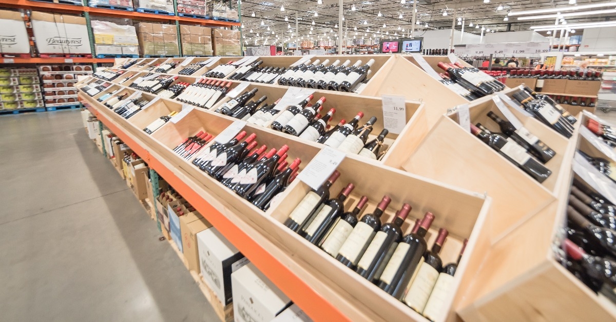 wine and champagne display in wooden case boxes at Costco Wholesale store