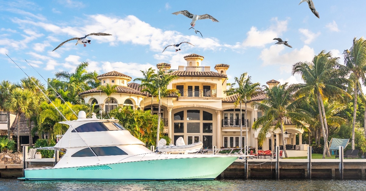 luxury Waterfront Mansion in Fort Lauderdale Florida with flying seagulls