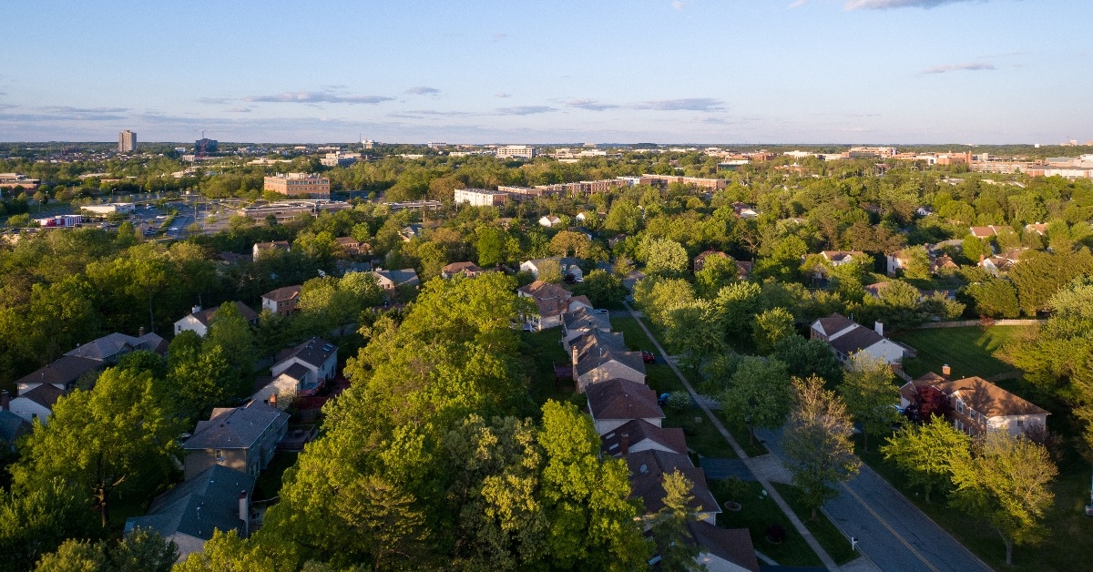 late afternoon aerial photograph of the Hunting Hills Woods 
