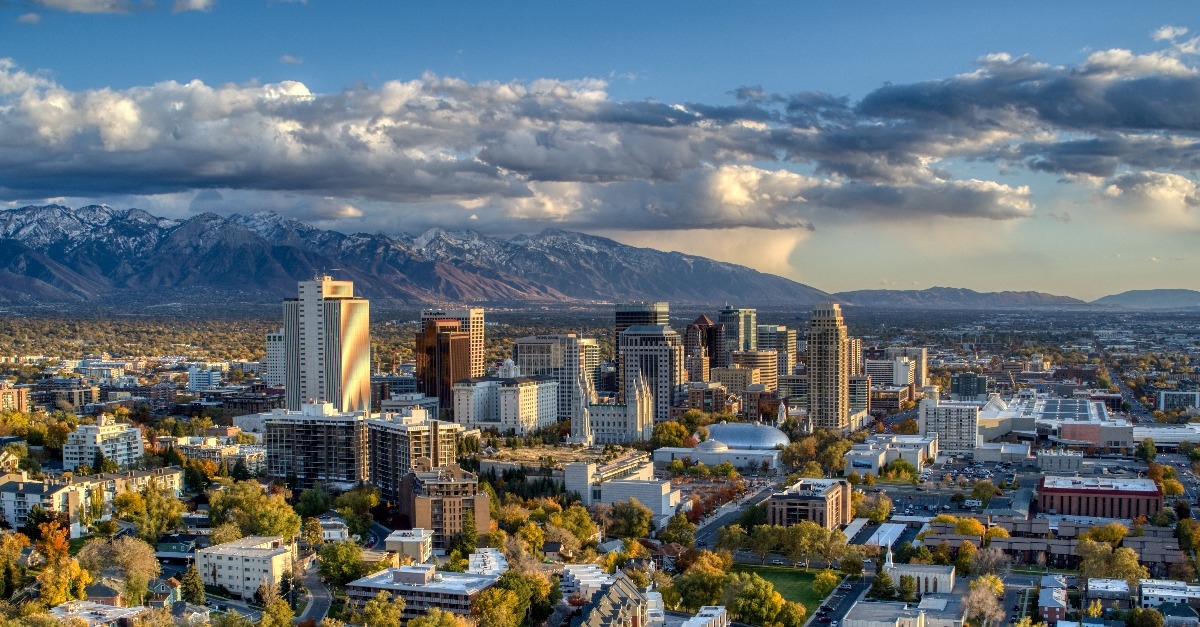 Salt lake City drone profile with mountains