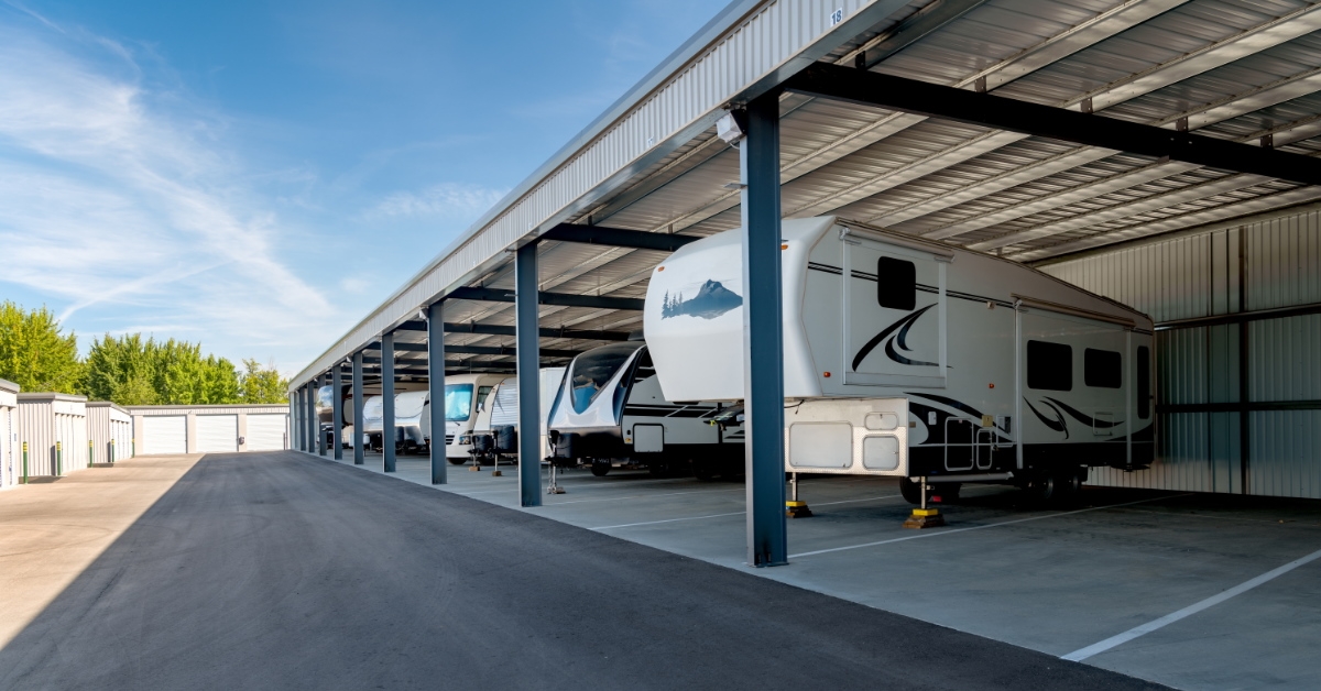 RVs parked in a garage