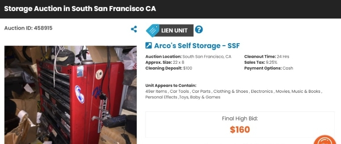Screenshot of an online storage unit auction