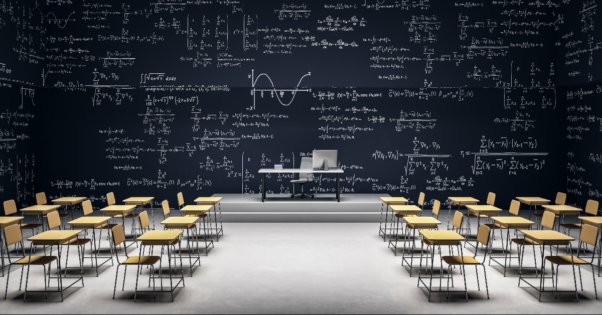 modern classroom with math formulas