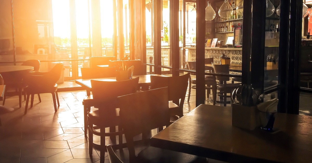 coffee cafe interior with harsh sunset light