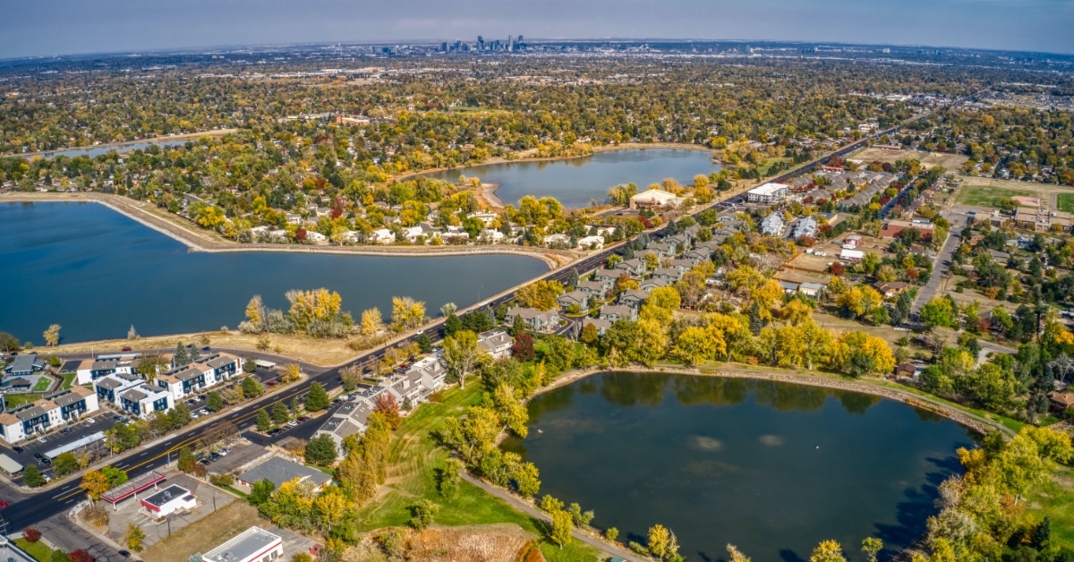 aerial shot of denver suburb during day time