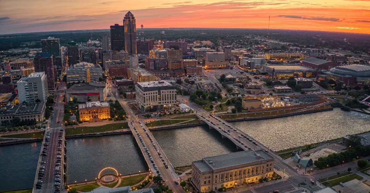 aerial view of the Des Moine Iowa skyline at sunset