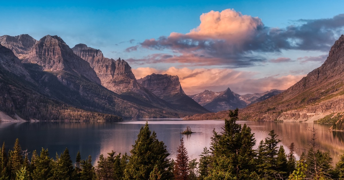 panoramic view of a glacier lake with American Rocky Mountain Landscape