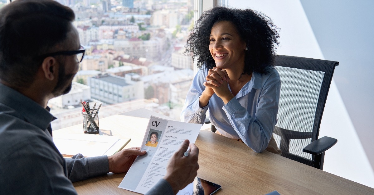 job interview between businessman hr director and female applicant