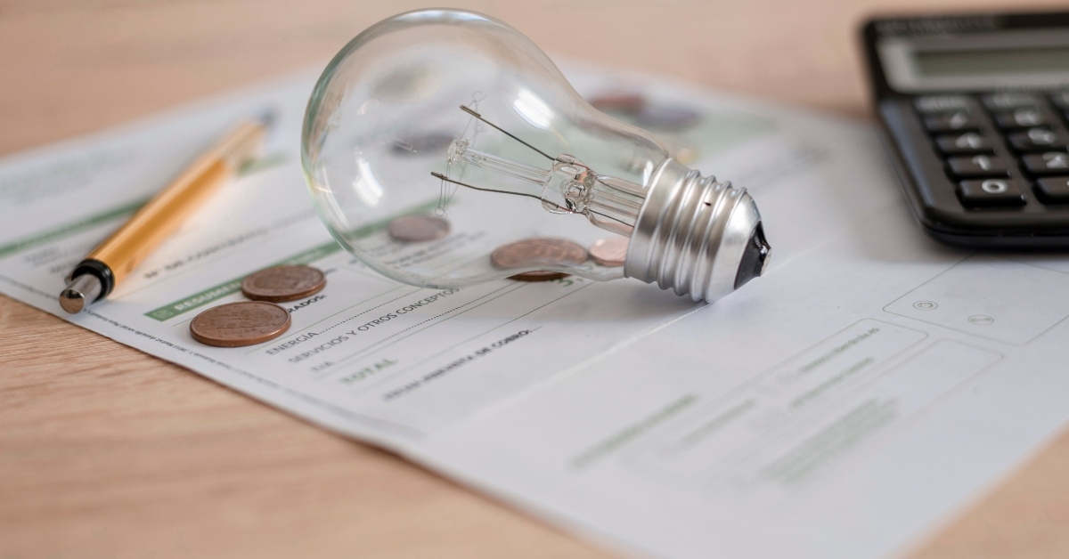 electricity bill with light bulb coins calculator and pen on the desk