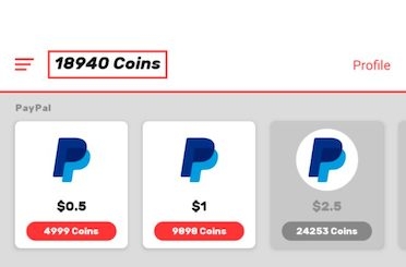 Cash Alarm rewards cash-out screen showing PayPal rewards options for various coin amounts.