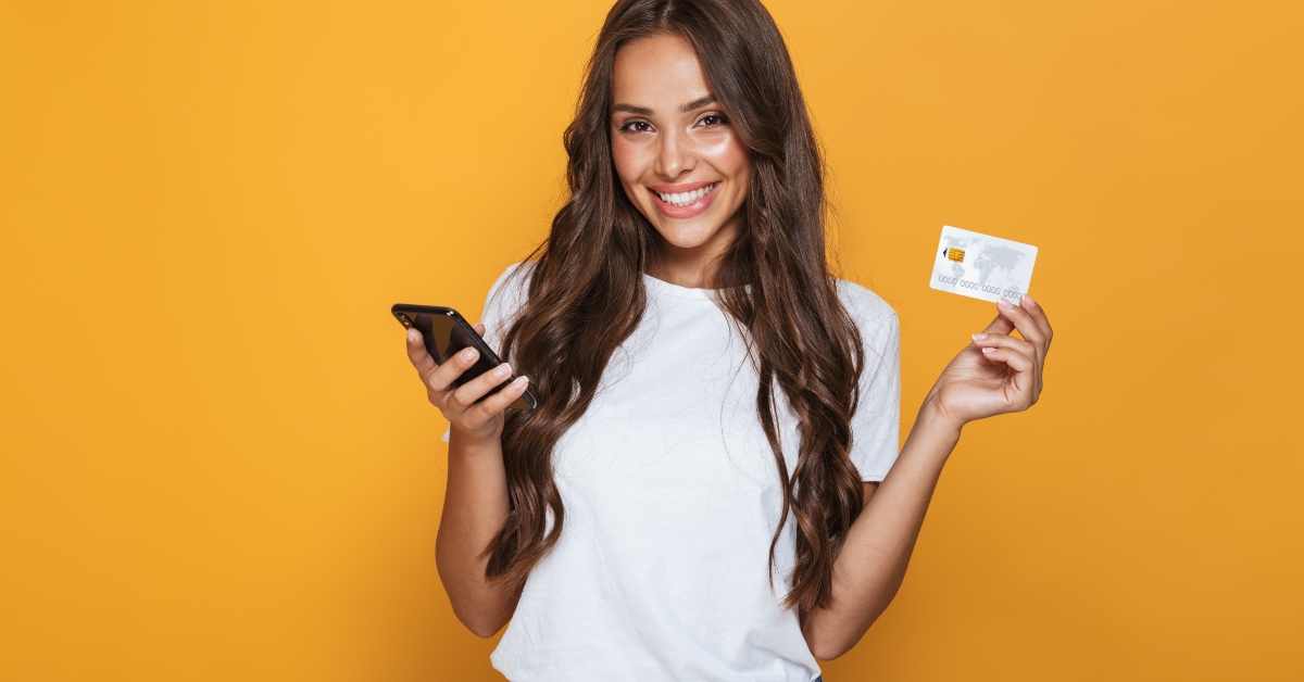 happy young woman with long brunette hair