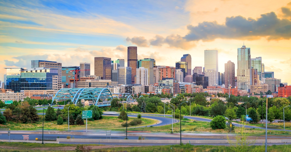 panorama of Denver skyline at twilight