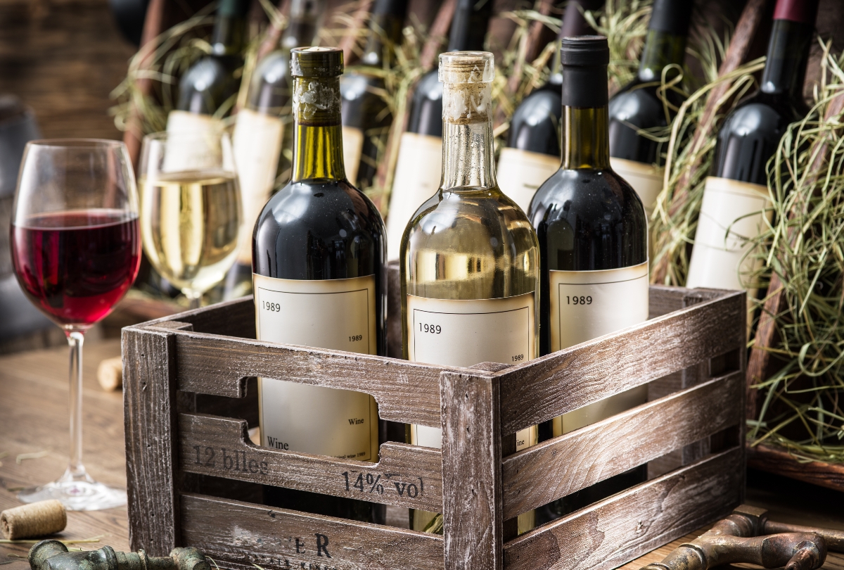 wine bottles in a wooden crate