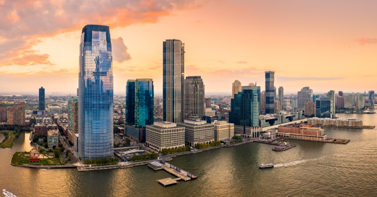 aerial panorama of Jersey City skyline at sunset