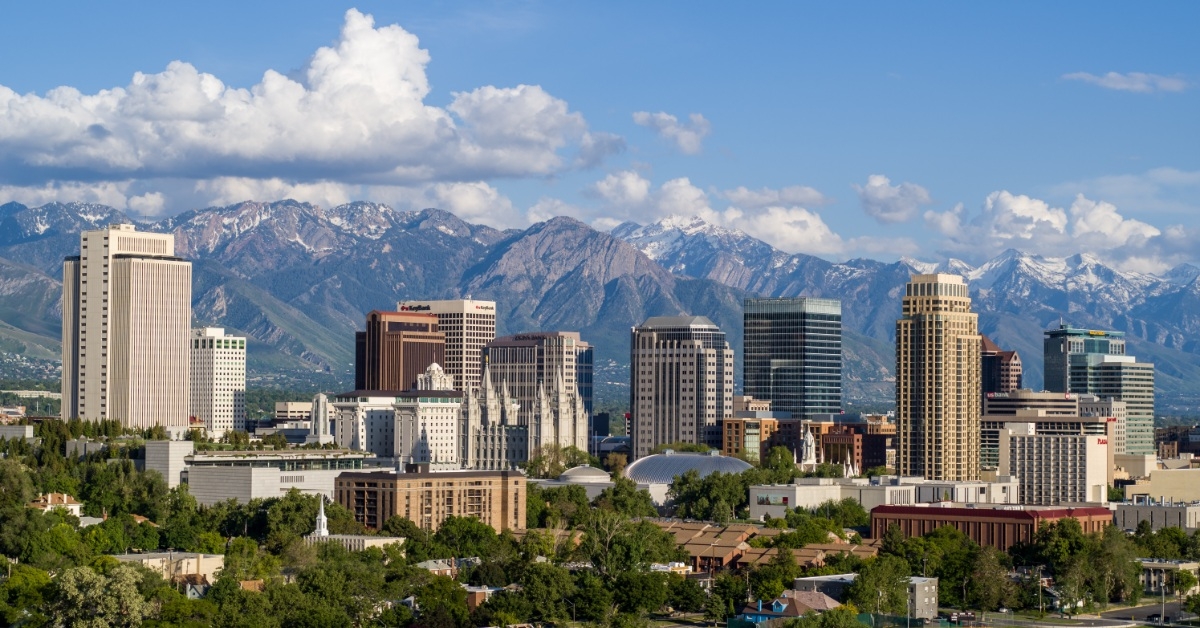 skyscrapers in salt lake city with mountains in background