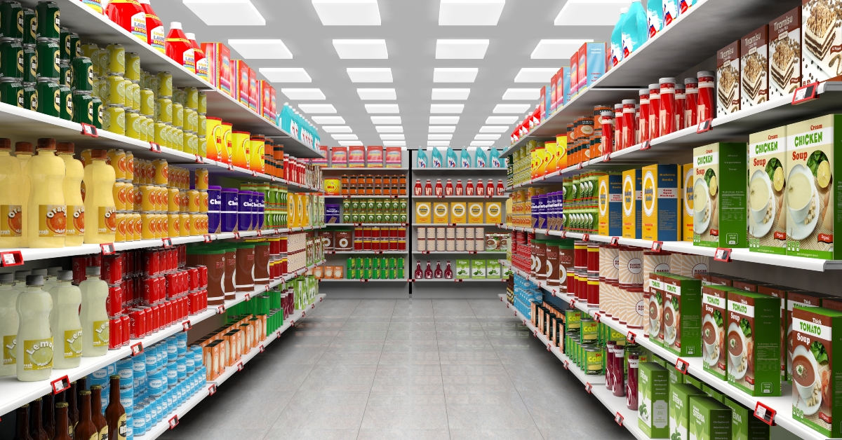 supermarket with shelves full of various products