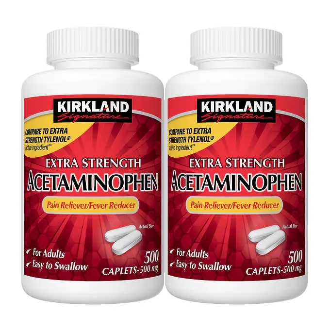 Two bottles of acetaminophen exra strength pain reliever from Kirkland Signature Costco.jpg