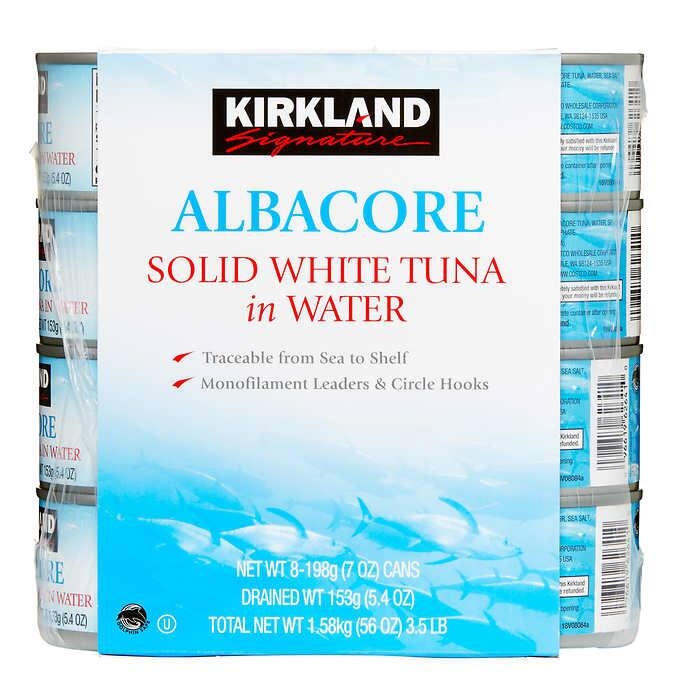 Kirkland signature pack with 8 cans of Albacore white tuna