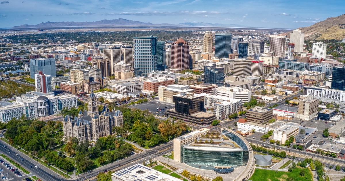 stunning aerial view of salt lake city featuring its buildings and parks.