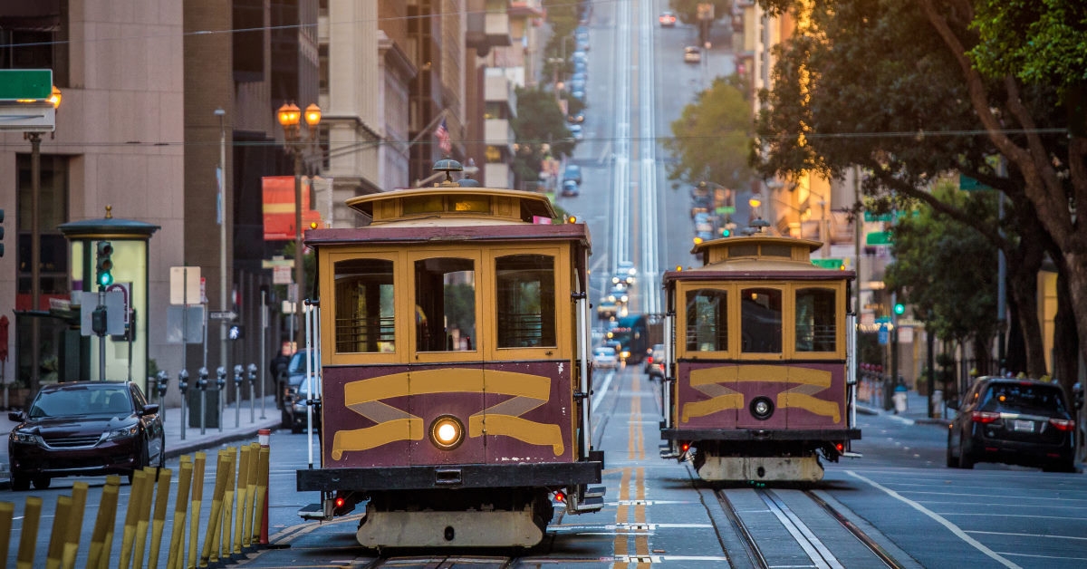 cable cars moving on the streets of san francisco 