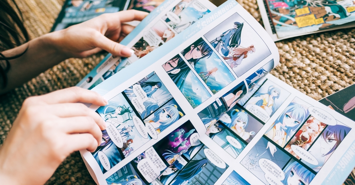 woman reads manga comic book on the carpet at home