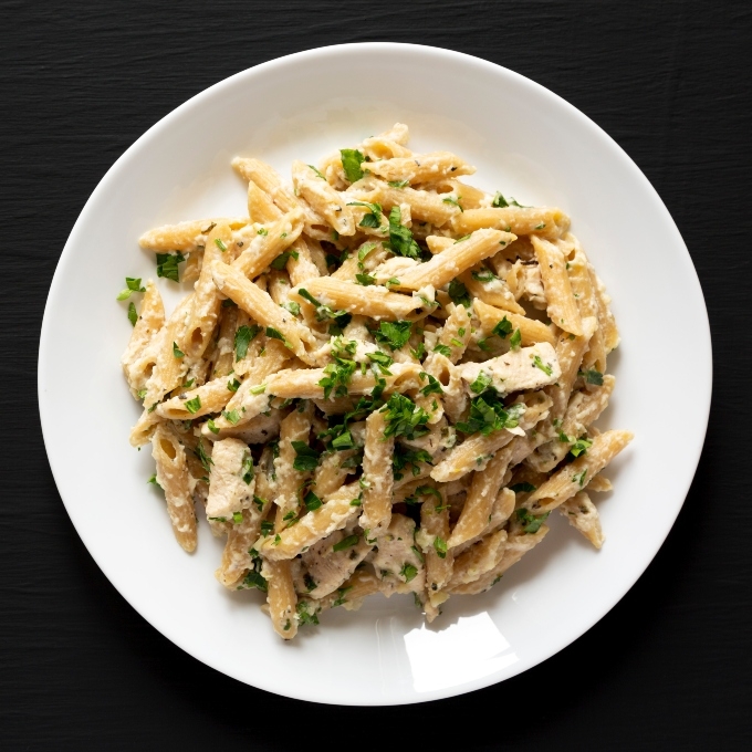 Plate of penne pasta chicken alfredo 