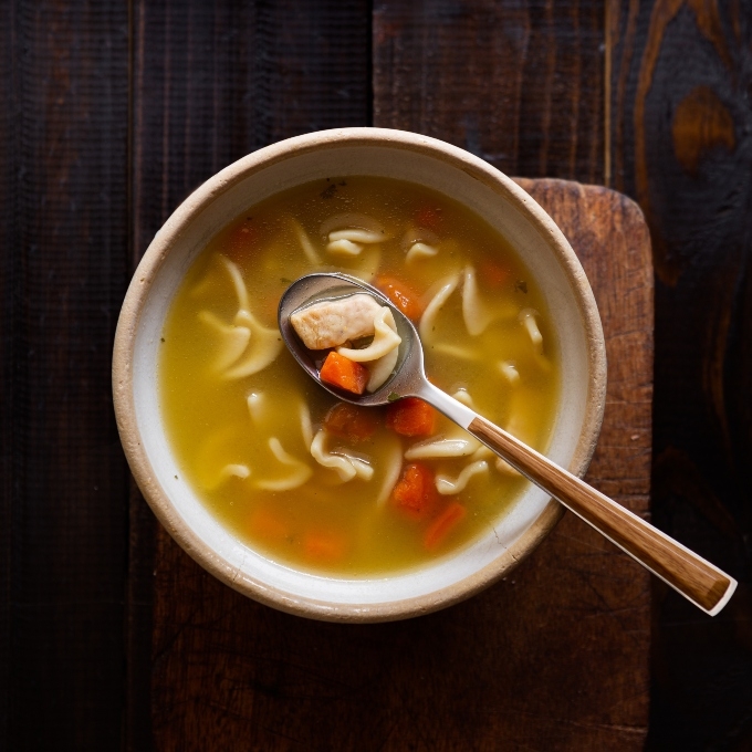 bowl of chicken noodle soup with spoon in