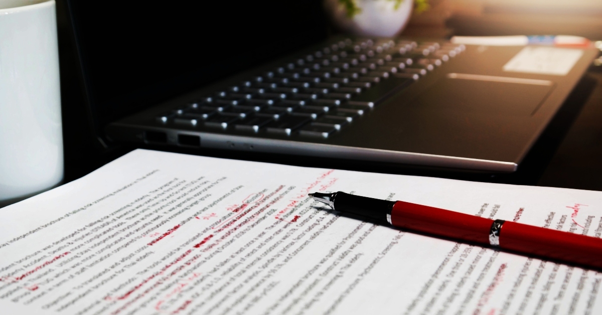 blur proofreading sheet on table