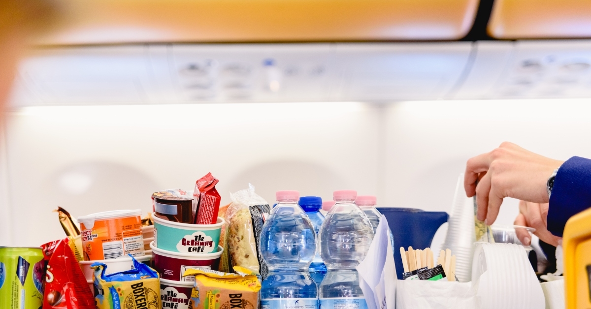 drinks and snacks from an airplane bar