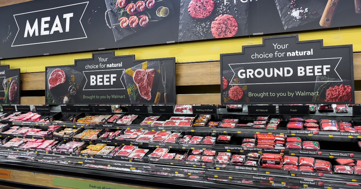 beef in a refrigerated display case at Walmart 