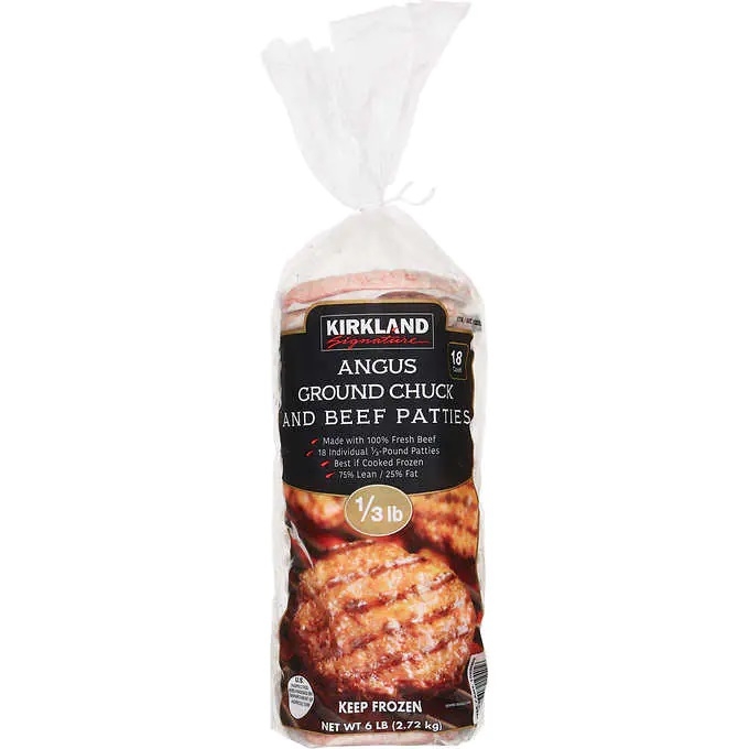 A package of Kirkland Signature angus ground chuck and beef patties