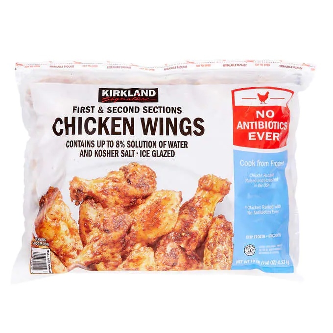 A bag of Kirkland Signature chicken wings